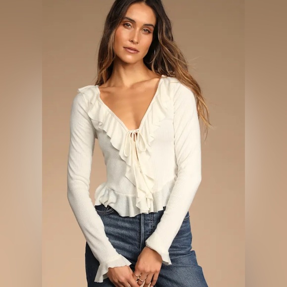 Free People Elegant Cream Long Sleeve Ribbed Ruffle Button Front Ophelia Top - Picture 1 of 13